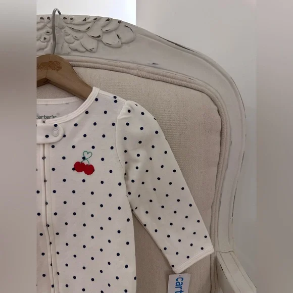 🍒 9 Mth Carter's White with Black Polka Dots and Red Cherry Accent Cotton Footie - Picture 5 of 8